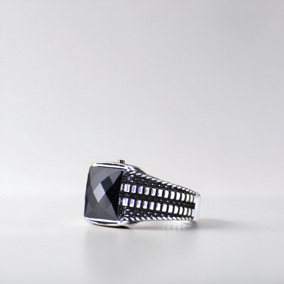 sterling silver noirvault men`s ring in structured depth