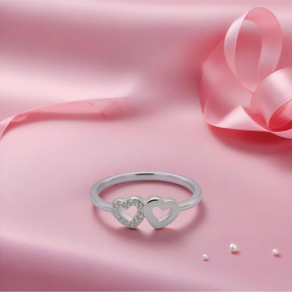 dual heart ring – sterling silver with contrast & sparkle