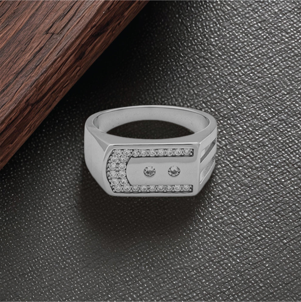 sterling silver men's ring – bold rectangular design with diamonds