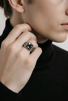 Silver Men`s Ring in Structured Depth