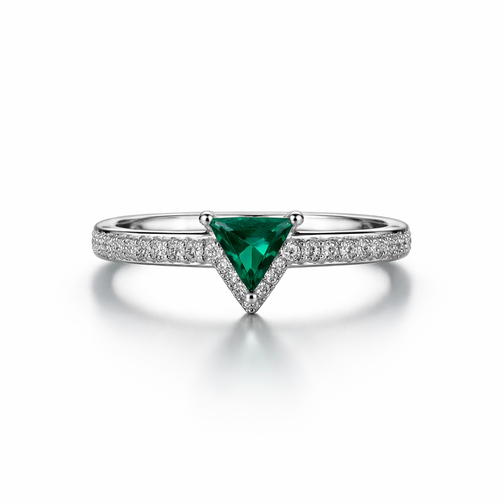 Silver Green emerald Triangle Ring