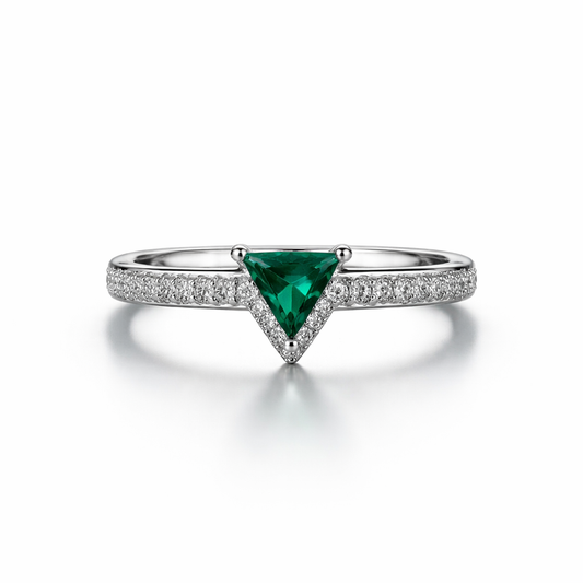 Silver Green emerald Triangle Ring