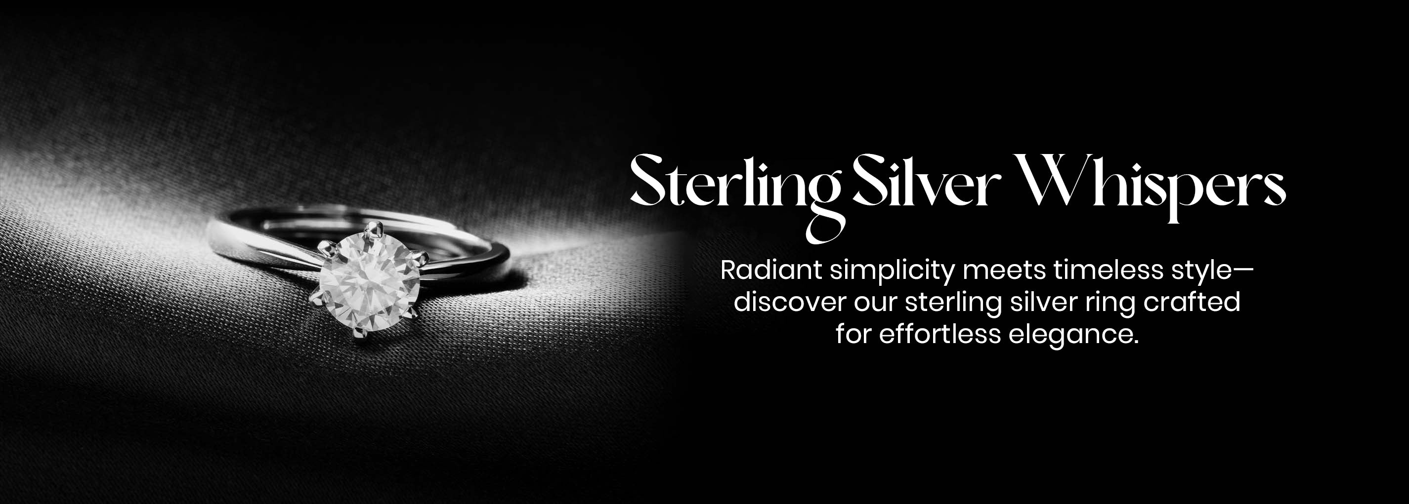 Sterling silver ring on a black background with 'Sterling Silver Whispers' text.