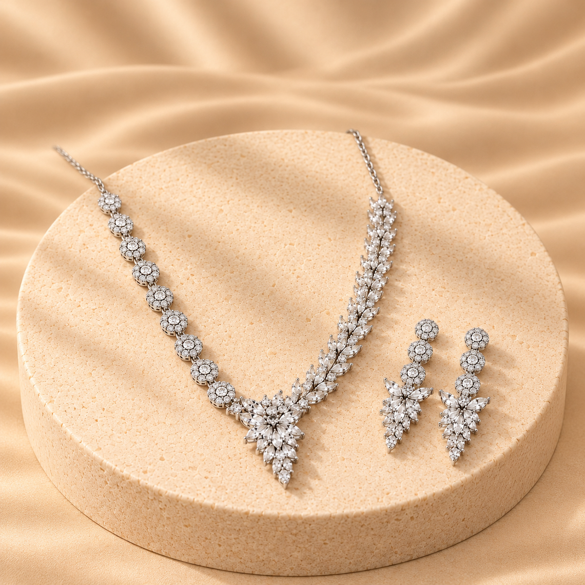 Silver Floral Crystal Necklace Set for Women