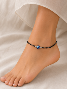 Silver Black Evil eye Women`s anklet