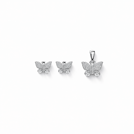 Butterfly Pendant with earrings in silver