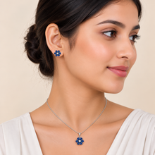 Blue flower Pendant with earrings in silver