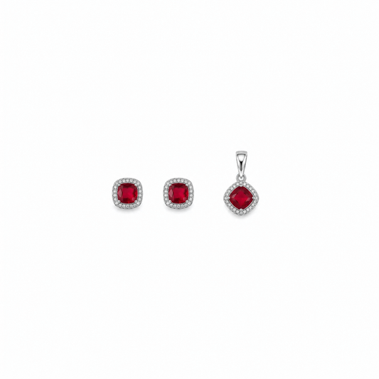 Red Ruby Pendant with earrings in silver