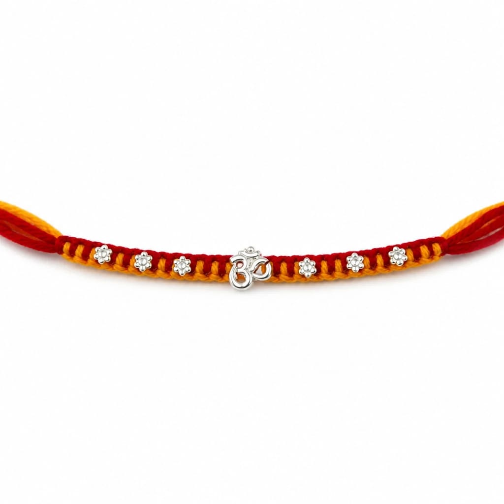 Silver Om Charm Rakhi with Floral Beads Thread