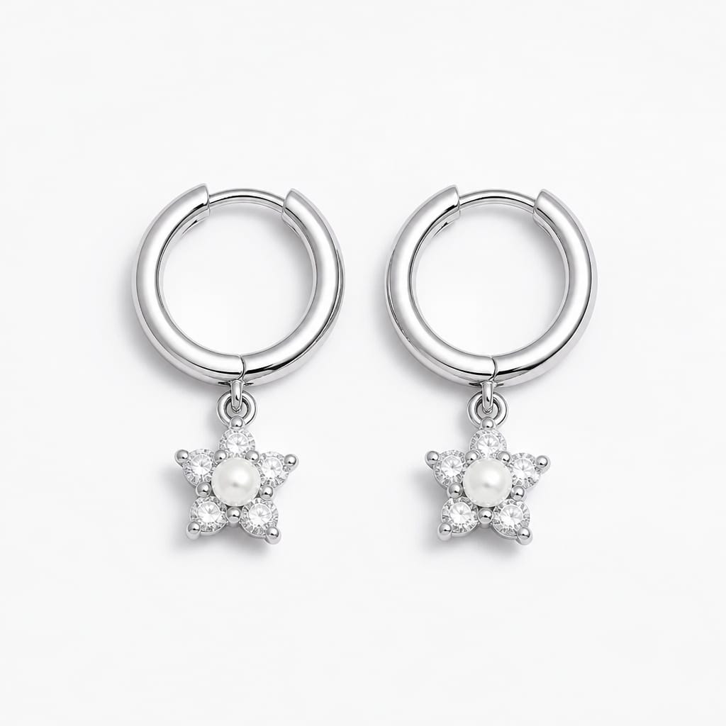 925 Silver Pearl Flower Hoop Earrings for Women