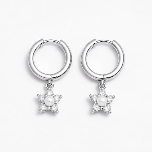 925 Silver Pearl Flower Hoop Earrings for Women