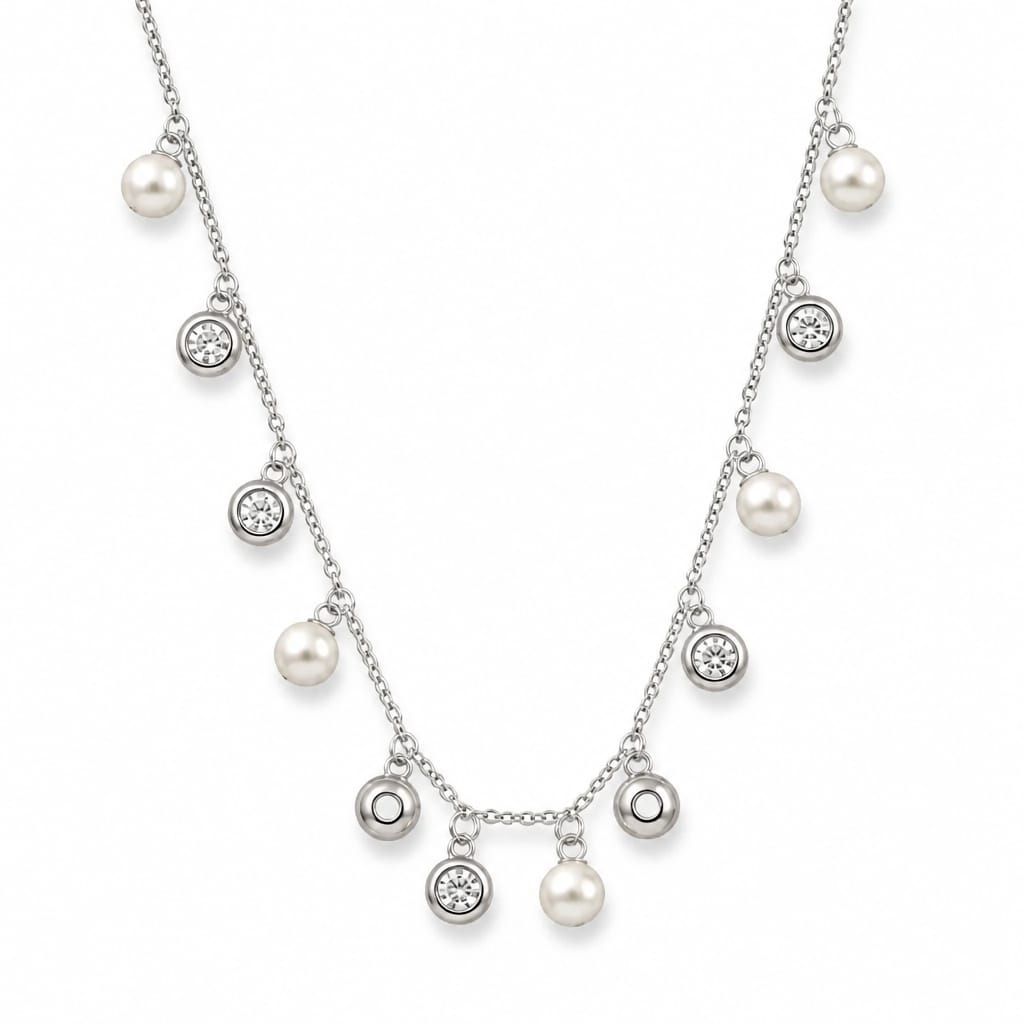 925 Silver Pearl & Crystal Charm Necklace for Women
