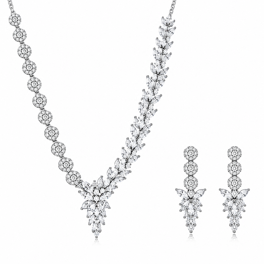 Silver Floral Crystal Necklace Set for Women