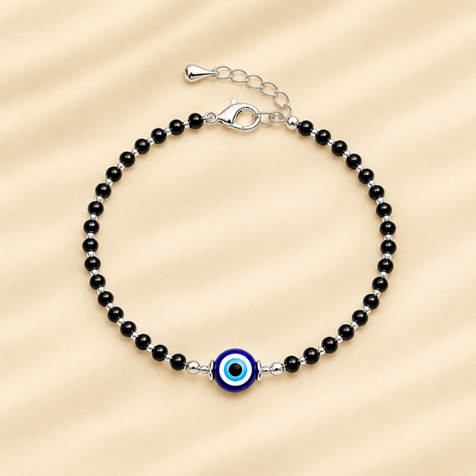 Silver Black Evil eye Women`s anklet