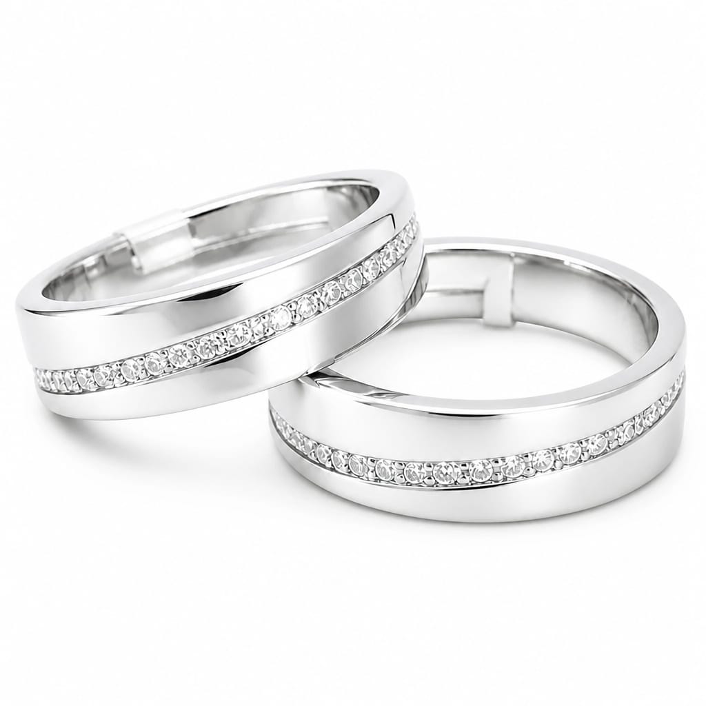 Silver Grooved Stone Couple Band