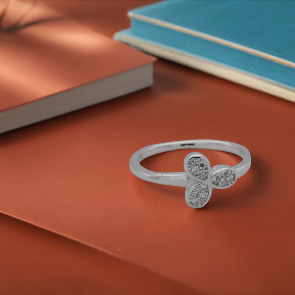 Three-Petal Bloom Ring – Sterling Silver with Sparkling Elegance