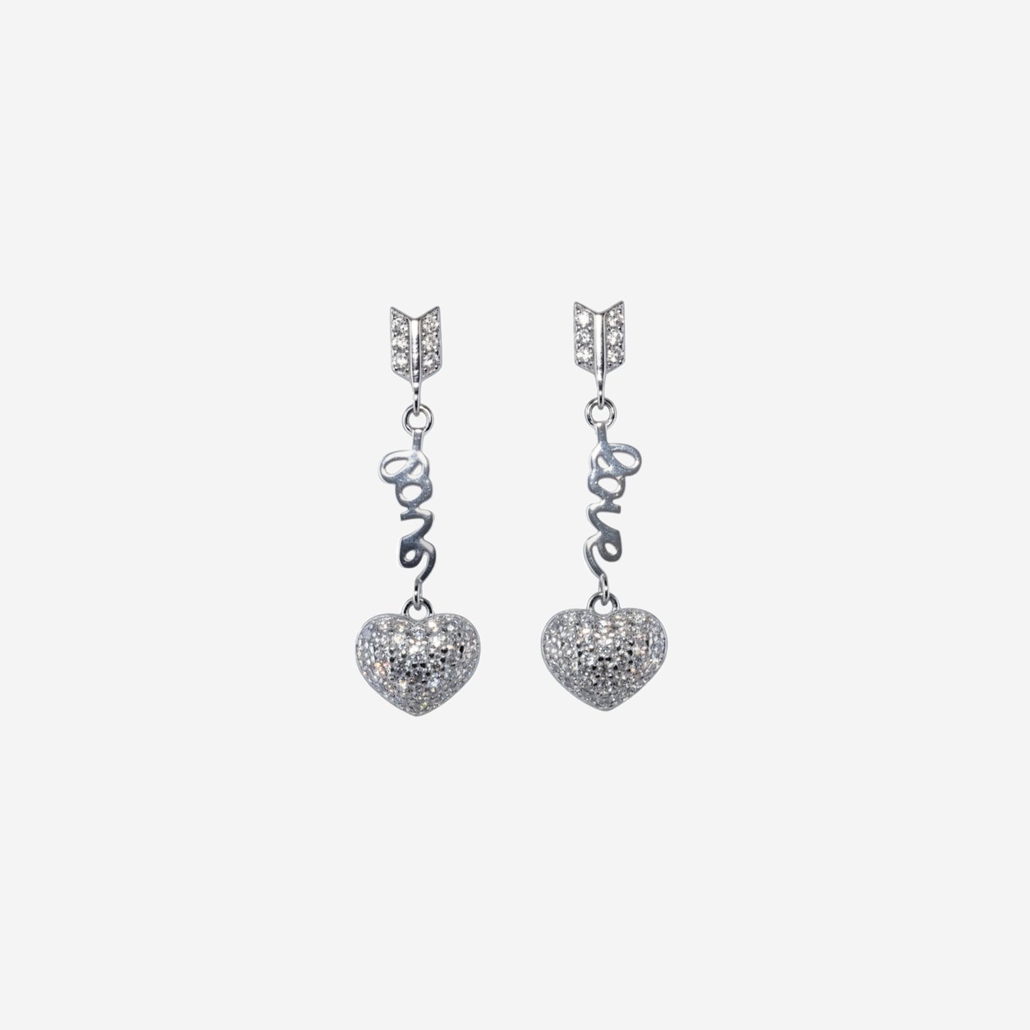 pair of silver heart-shaped earrings with 'love' inscription on a white background