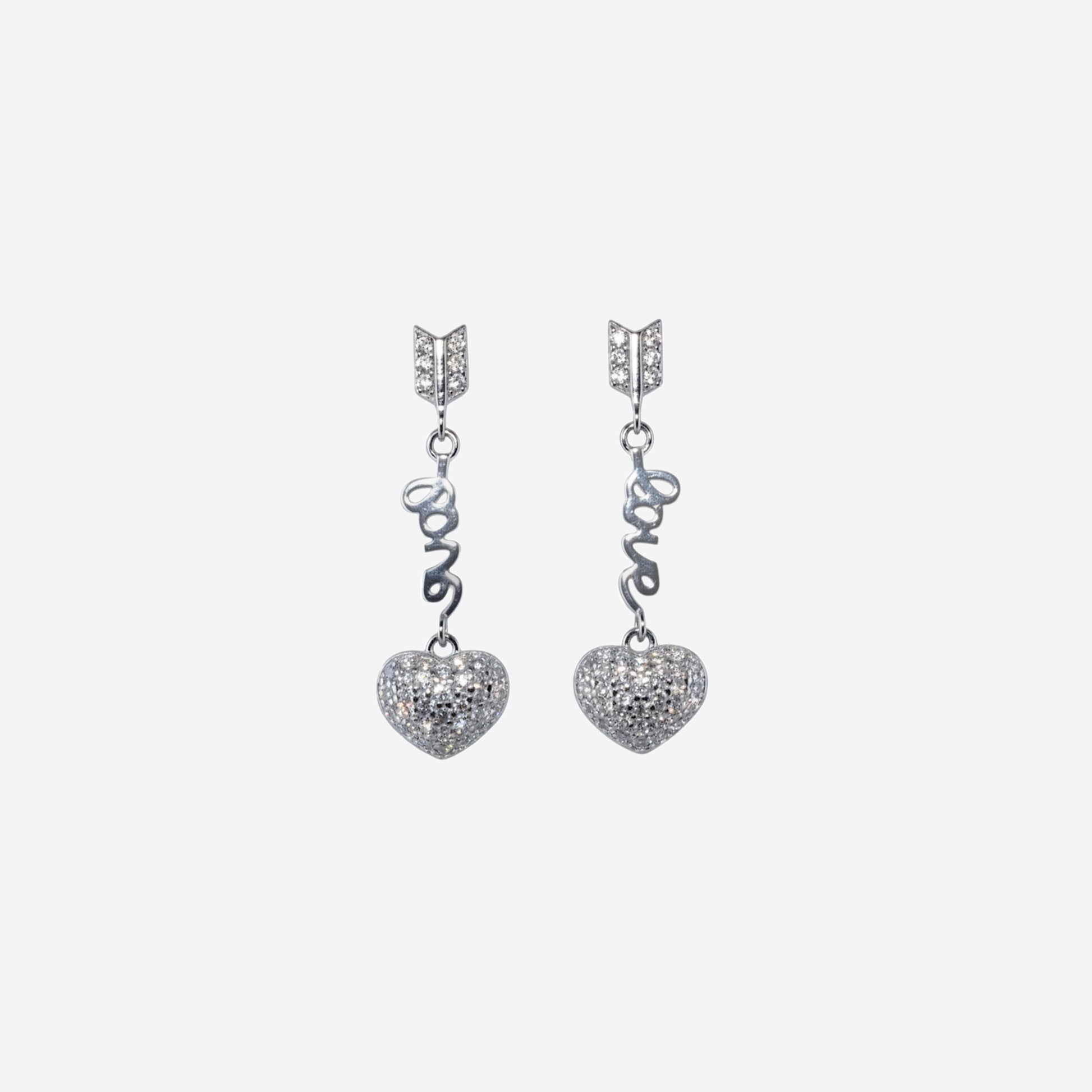 Pair of silver heart-shaped earrings with 'LOVE' inscription on a white background